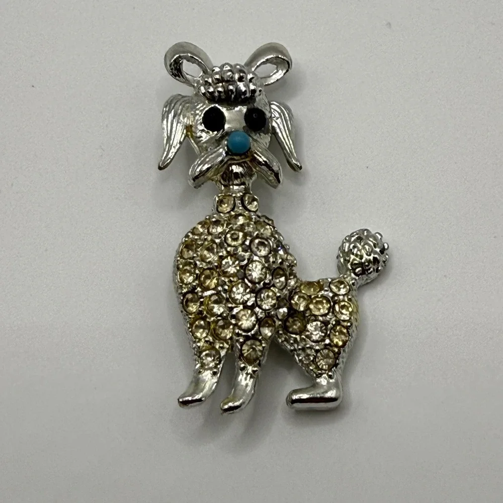 Vintage Silver Tone Rhinestone Poodle Dog Brooch Pin Blue Nose Champagne Stones